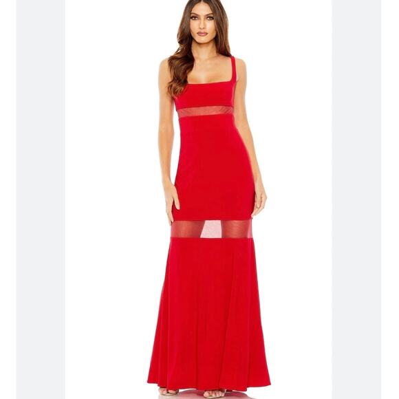 Mac Duggal Sheer Mesh Panel Sheer Detail Column Gown size 12 red UB